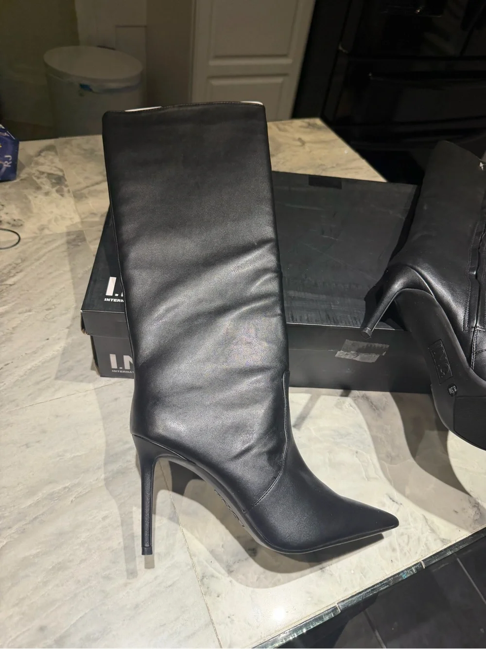 INC International Concepts Black Pointed-Toe Mid-Knee Heeled Boots